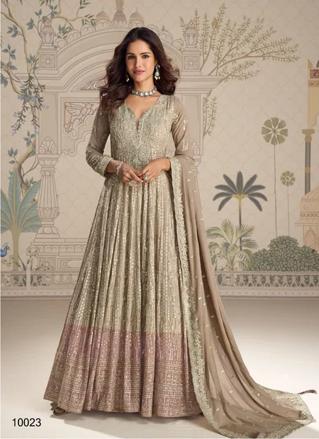 Golden Color Saboori By Sayuri Gerogette With Embroidery Work Gown With Dupatta 10023